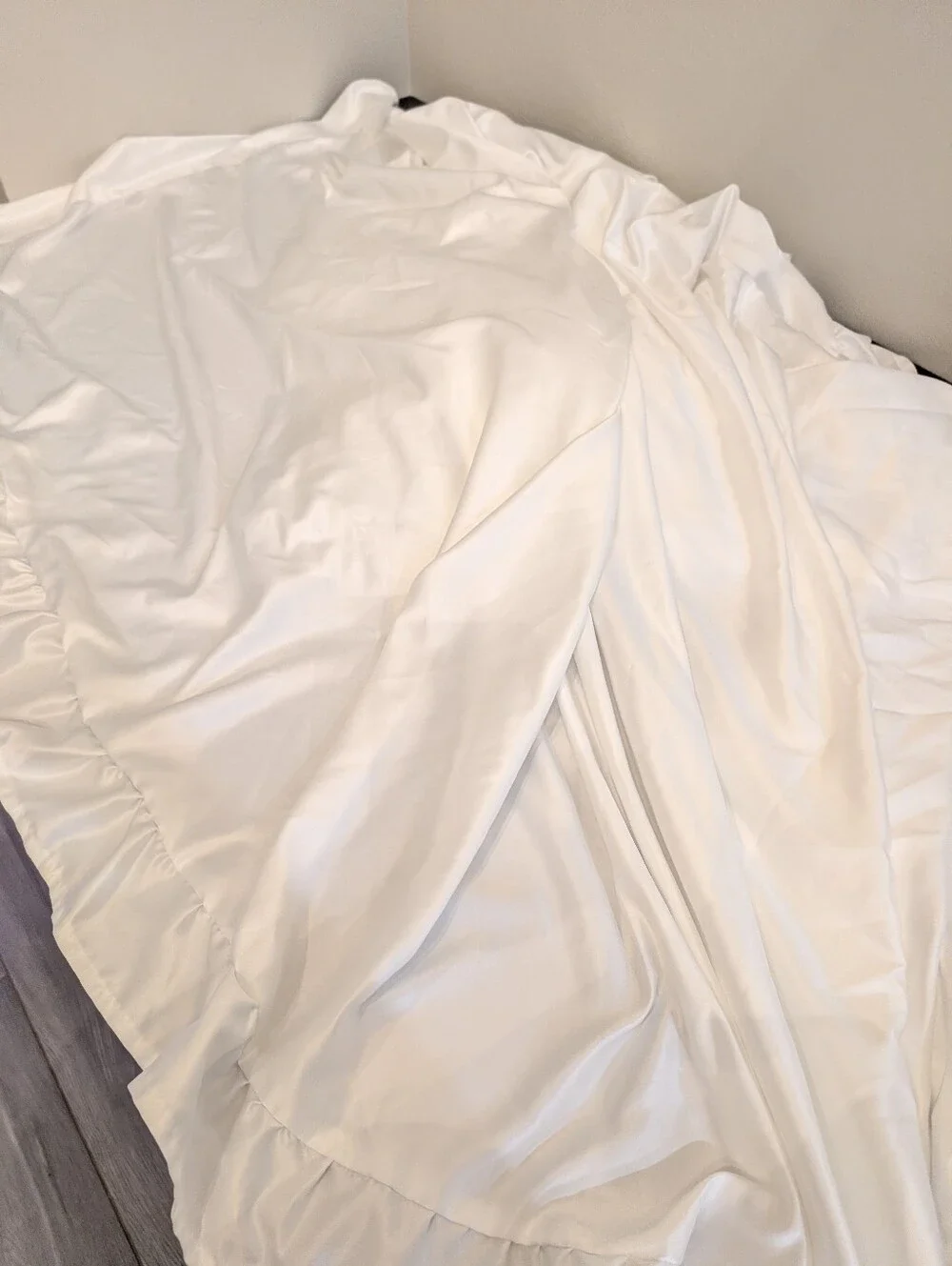 Boho White Satin Ruffled Trim Border Curtain Pocket Rods Size 100
